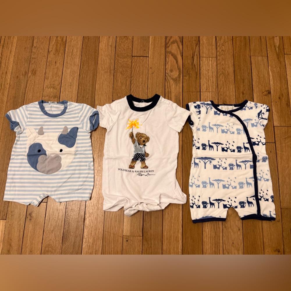 Ralph Lauren Il Gufo Lucky Jade Baby Boy Shortall Bundle 4th of July Polo Bear